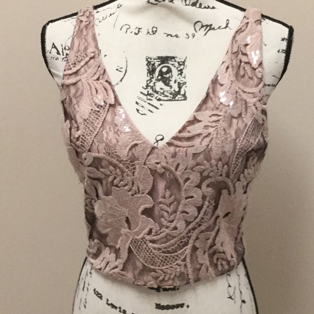 Badgley Mischka blush lace and sequins crop top